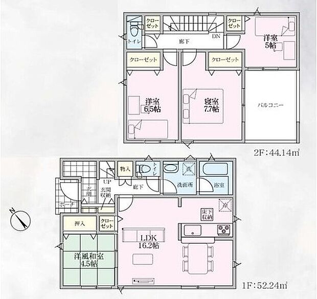 【4LDK】◇LDK16帖超+4.5帖和室☆引き戸を開放すると、ひときわ広々とした空間へ♪
◇玄関収納、ホール収納など随所に豊富な収納スペースを確保◎
◇主寝室は7.7帖あり広々♪バルコニーへは2部屋より出入り可☆