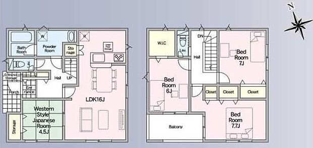 【4LDK】◇2階建て×4LDKプラン♪LDK16帖!続き間に4.5帖の和室付き♪◇パントリーや、大容量のWICなど豊富な収納でお部屋すっきり☆◇広々インナーバルコニー付き☆お布団などもたっぷり干せてお洗濯も快適◎