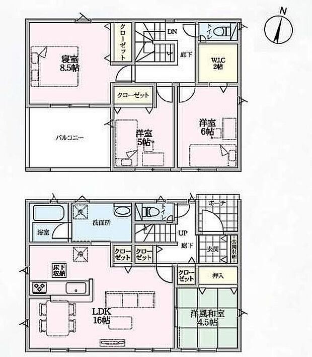 【4LDK】◇LDK16帖＋和の憩いをもたらす4.5帖の和室付き♪◇全居室収納完備☆ホール収納、パントリー、WICなど収納豊富なお家♪◇主寝室8.5帖！ベットを置いてもゆとりある広さで家具やインテリア配置が楽しめます♪