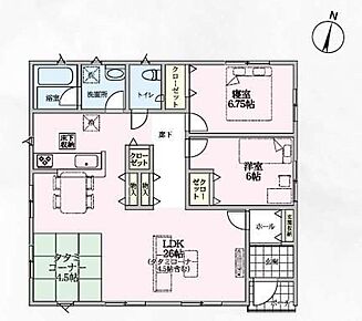 ◇開放感抜群な平屋プラン♪水回り集中設計◎◇畳コーナー付きのLDKは広々26帖☆パントリー＆リビング収納完備☆◇ゆとりある玄関ポーチは雨に日の出入りやベビーカーなどの一時置き場としても便利♪ 