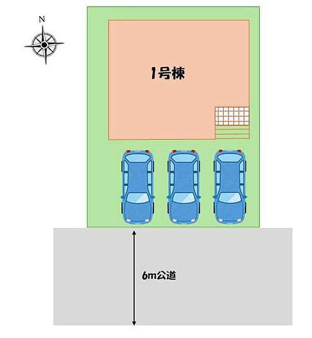 【全体区画図】前道が6ｍ以上あるので、車庫入れが苦手な方でも安心して入れられます。カースペース3台分ございますので、家族分の自転車を駐輪したり、来客用の駐車スペースとしてもお使いいただけます。
