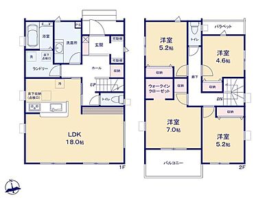 ◇空間を活かした2階建てプラン☆18帖のLDKは3面採光♪
◇玄関収納、WICなど随所に豊富な収納スペースをご用意☆
◇全居室2面採光☆7帖の主寝室には広々バルコニーを設置◎ 