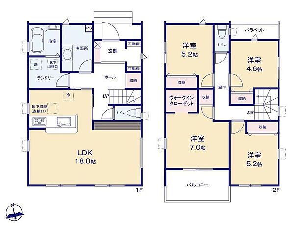 【4LDK】◇空間を活かした2階建てプラン☆18帖のLDKは3面採光♪
◇玄関収納、WICなど随所に豊富な収納スペースをご用意☆
◇全居室2面採光☆7帖の主寝室には広々バルコニーを設置◎