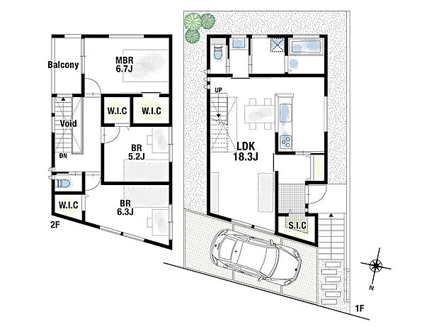 建物プラン例(1号地)3LDK、土地価格1200万円、土地面積99.16m2、建物価格2280万円、建物面積97.89m2