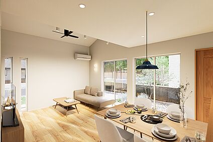 「庭へ視線が抜ける、明るく開放的なダイニング」