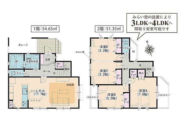 「みらい壁」の設置により、ライフスタイルの変化に合わせて3LDKから4LDKへ変更可能。全居室にクローゼットを完備し、お部屋を常にスッキリと保つことができます。