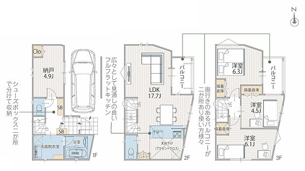 対面式のフルフラットキッチンは、ご家族との会話を楽しみながらお料理ができる人気のスタイル。視界を遮る壁がないためリビングとの一体感が生まれ、17.7帖の空間をさらに広々と開放的に見せてくれる設計です。