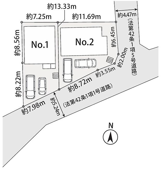 【駐車2台駐車可能】 ゆとりの敷地に全2棟が登場 。カースペースは各棟2台分を確保しており、来客時やセカンドカーにも対応可能です 。前面道路も広く、毎日の出し入れもスムーズです。