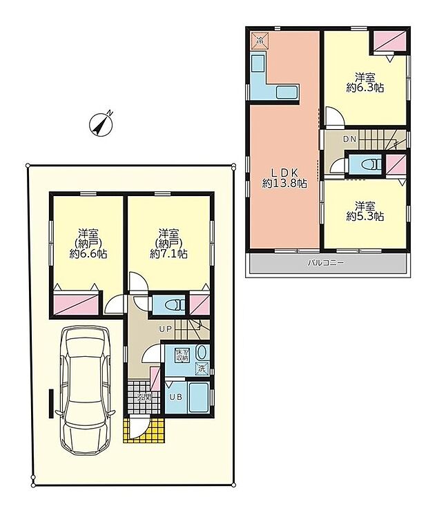 【2LDK+2S】建物面積にはビルトイン車庫面積を含みます。
