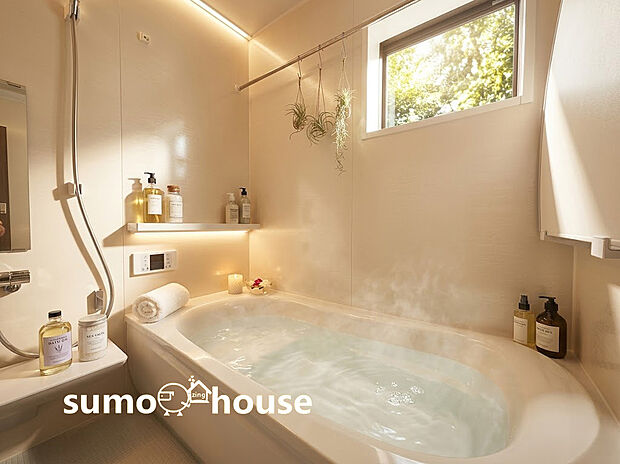 【ユニットバス】足を伸ばして入れるサイズは一日の疲れを癒すのに嬉しい広さですね。またお子様と一緒の入浴も充分な広さです。追い焚き機能や保温機能付きで快適なバスタイムをお楽しみください。(家具等はCGです)