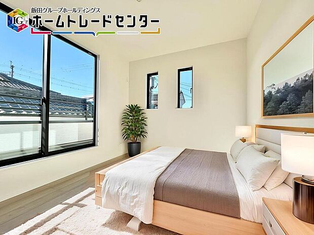 【バーチャルで家具配置】
２面採光で風通しや日当たりをしっかり確保して設計しています。窓を開けて風通しをすることで気持ちがいい毎日が過ごせますよ。