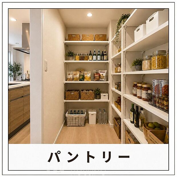 【その他設備】食品や飲料、調理器具などをまとめて収納できるパントリー付き。キッチンをすっきり保ち、毎日の家事効率を高めてくれます。※掲載画像はイメージであり、実際の設備・仕様・形状とは異なる場合があります。