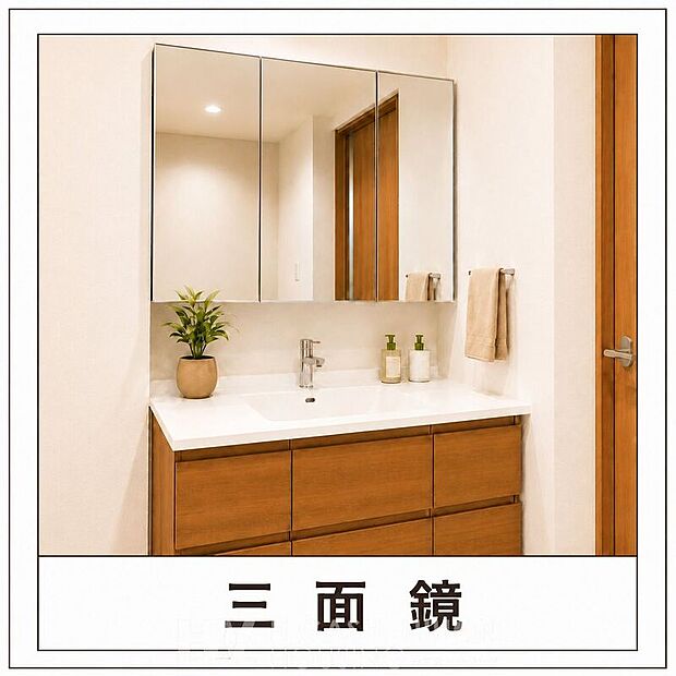 【その他設備】三面鏡付き洗面化粧台を採用。身支度やヘアセットがしやすく、鏡裏収納も備えた使い勝手の良い洗面スペースです。※掲載画像はイメージであり、実際の設備・仕様・形状とは異なる場合があります。