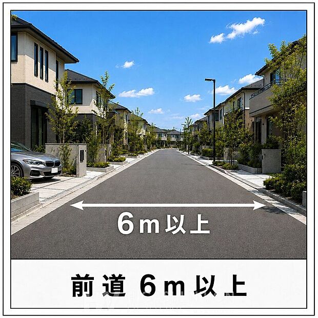 【その他現地】前面道路は幅員6m以上。車の出入りやすれ違いがしやすく、毎日の運転にもゆとりを感じられます。※掲載画像はイメージであり、実物の設備・仕様・形状とは異なる場合があります。