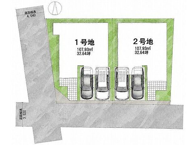 【区画図】１号地道路：南、西向き・幅員3.5～4m土地面積：107.93平米