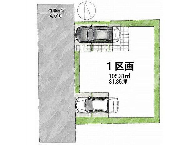 【間取図（平面図）】【区画図】道路：西向き・幅員４m土地面積：105.31平米