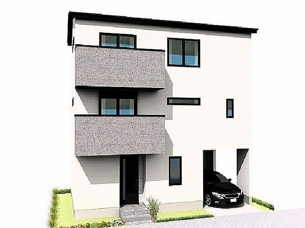 【外観パース図】【建物プラン例】ZEH水準省エネ住宅にて、冬はあたたかく、夏は涼しいお家に。洗練されたデザインが魅力のデザイナーズ物件。外観から感じる独自の美しさが、住む人の生活を彩ります。