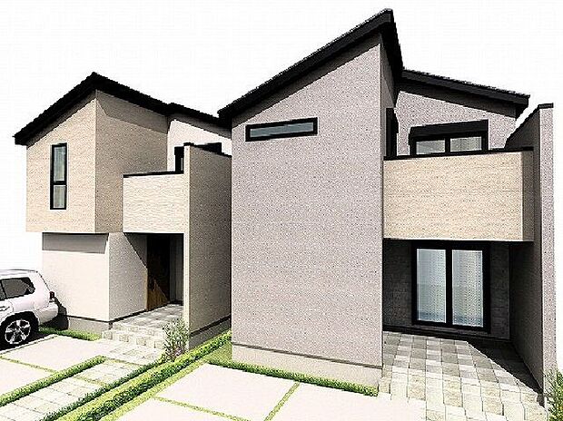 【建物プラン例 (パース・外観)】ZEH水準省エネ住宅にて、冬はあたたかく、夏は涼しいお家に。細部までこだわりを感じる設計で、住まう方のセンスをさりげなく演出します。住み慣れた街でひときわ映える、魅力あふれる一邸です