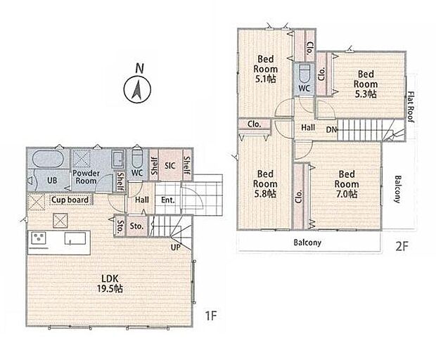 1号棟間取り
1Ｆ：49.06m2　2Ｆ：49.27m2　合計：98.33m2