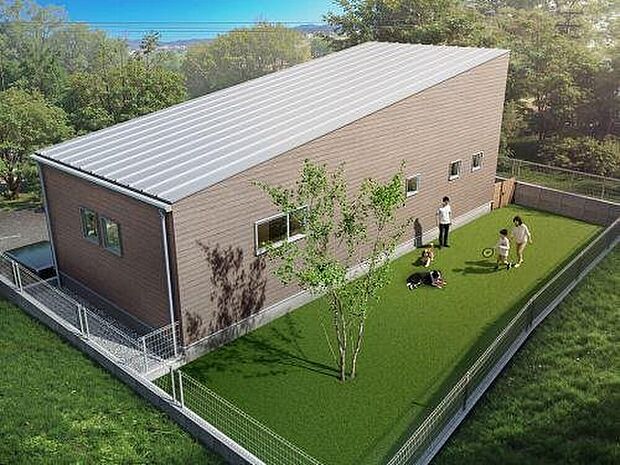 【67.90m2 建物プラン例（パース・外観）】建物プラン　価格2370万円、建物面積　　　67.90m2、広いお庭でゴルフの練習も♪時間がない日でも練習三昧♪