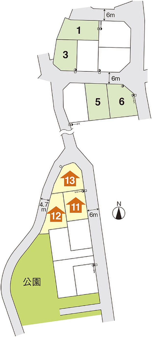 販売価格:1,515.8万円(1区画)~1,803万円(1区画)、No.1:199.64m2(60.39坪)、No.3:175.68m2(53.14坪)、No.5:202.96m2(61.39坪)、No.6:215.96m2(65.32坪)