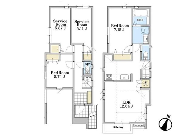 1号棟【間取り図】12.64帖のLDKを備えた2階建て住宅。洋室2部屋に加え、サービスルーム2部屋を確保した、収納スペースも充実した間取りです。