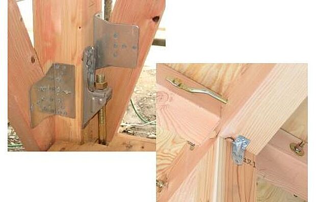 【複合金物】●ホールダウン金物:基礎と柱を強固に連結して建物の強度を高めます。
●羽子板金物:地震や台風時などに梁などが外れてしまうことを防ぐ重要な金物です。