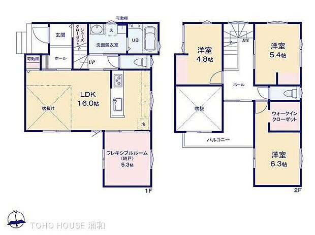 【3LDK+S】【間取り図】LDK16帖 リビング上部吹き抜けあり WIC・SCなど収納スペースあり
