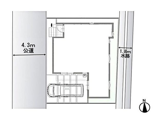 【【全体区画図】】西側4.3m公道に接道した全1棟の住まい。東側には水路があり開放感も感じられる立地です。駐車スペースを確保し、落ち着いた住宅街で穏やかな暮らしを叶えます。