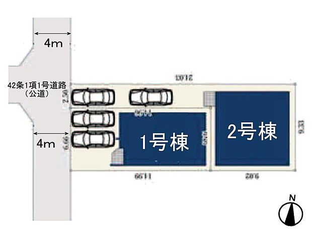 【全体区画図】全２棟の分譲地は、西側４ｍ公道に面した落ち着きある区画計画。中浦和駅徒歩５～６分の駅近立地で、都心方面へのアクセスも良好です。LDK20帖以上、駐車２台可の暮らしやすさも魅力の住まいです。