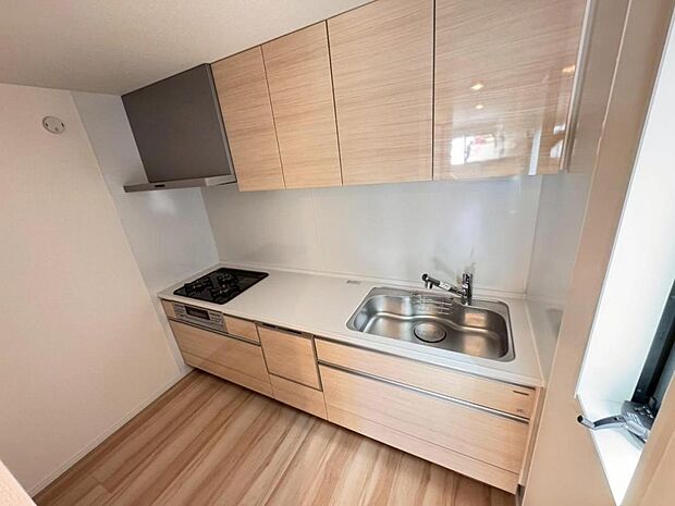 機能充実のシステムキッチンです。壁付けなので油跳ねも気にせず存分にお料理に腕を振るっていただけます。