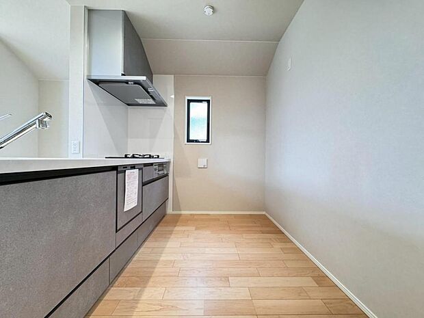 機能充実のシステムキッチンです。浄水器一体型水栓に3口グリルコンロ、食洗器と充実しておりママの家事をサポート致します。