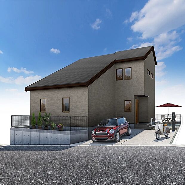 【完成予想図/外観/1号棟】
シンプルな色合いが街並みに調和する外観。
ゆとりある敷地を活かした開放感のある住まいです♪