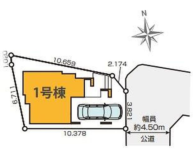 ≪全体区画図≫
立地条件を活かして車庫の一部をビルトインに。車の乗り降りに便利です◎
前面道路は車通りが少ないのでお車の出し入れも安心して行えます！