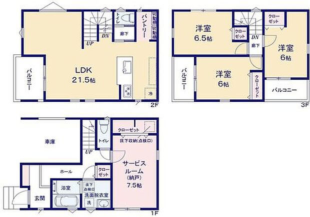 【3LDK+S】LDK21帖超、全居室6帖以上など、敷地もお住まいもゆとりの広さ。直接玄関へ出入りができる便利なビルトインガレージ!キッチンパントリー付プラン。買いだめもできますね♪
