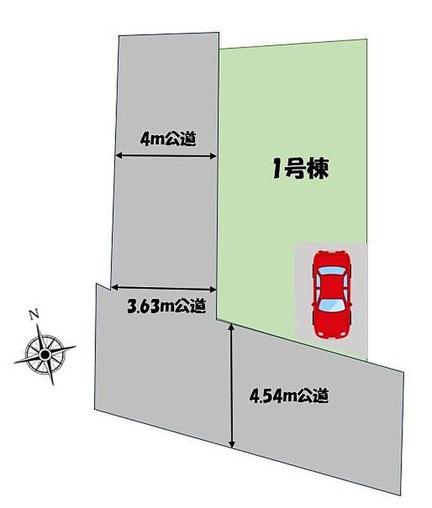 【全体区画図】角地のため陽当たり良好です!お車の駐車も楽々ですね♪