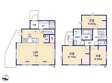 広々19帖のLDKには収納も完備でお部屋がすっきり片付きます♪キッチンにはパントリーを設置し、買い置きにも便利☆2階に洗面・お風呂を設置し、洗濯物がすぐにバルコニーに干せる家事ラク導線に◎ 