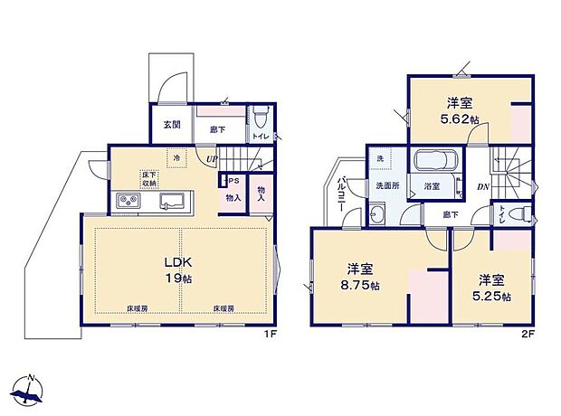 【3LDK】広々19帖のLDKには収納も完備でお部屋がすっきり片付きます♪キッチンにはパントリーを設置し、買い置きにも便利☆2階に洗面・お風呂を設置し、洗濯物がすぐにバルコニーに干せる家事ラク導線に◎