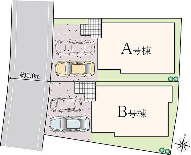 【全体区画図】
小学校まで徒歩3分の近さでお子様の通学も安心です◎お車並列で2台駐車可能♪