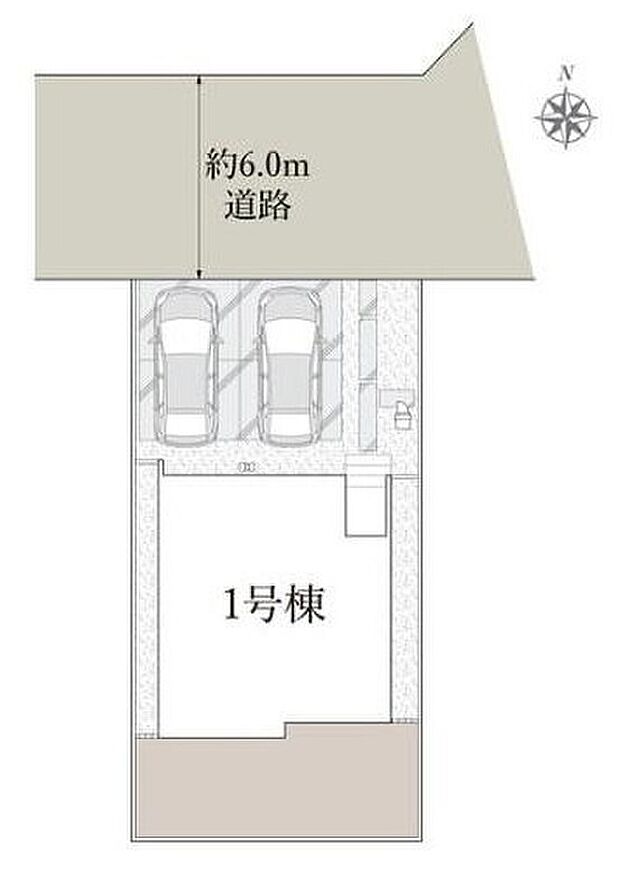 ≪区画図≫
日当たり良好！陽光あふれる南庭付き♪
車種によりカースペース2台駐車可能です。ご家族の自転車やバイクなどの駐輪スペースとしてもお使いいただけます！前面道路約6ｍでお車の出し入れもラクラク♪
