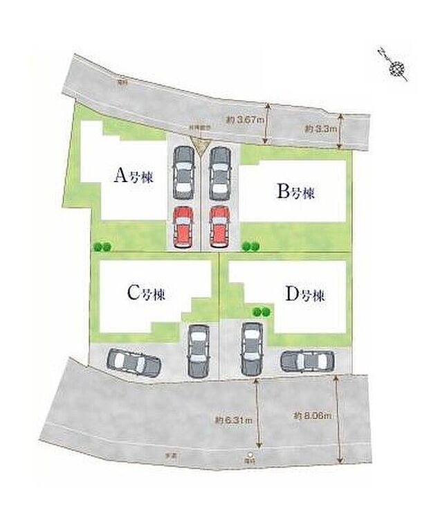 【全体区画図】
車種によりカースペース２台分ございますので、家族分の自転車を駐輪したり、来客用の駐車スペースとしてもお使いいただけます♪
※A、B号棟間に共用部分あり