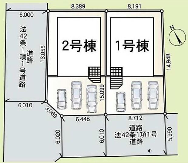 ≪全体区画図≫
２号棟は角地です♪
車種により、カースペース3台分ございますので、家族分の自転車を駐輪したり、来客用の駐車スペースとしてもお使いいただけます♪