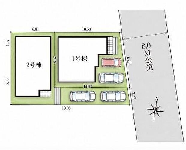 ≪全体区画図≫
前道が8mあるので、車庫入れが苦手な方でも安心して入れられます♪カースペースは2台分(車種による)。家族分の自転車を駐輪したり、来客用の駐車スペースとしてもお使いいただけます。