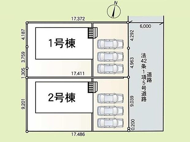 ≪全体区画図≫
前面道路は幅員6ｍでお車の駐車も楽々です。
車種により、カースペース３台分ございますので、家族分の自転車を駐輪したり、来客用の駐車スペースとしてもお使いいただけます♪