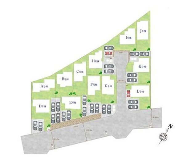 【全体区画図】
日当たり良好♪新築分譲住宅全12棟
前面道路は交通量少なめ◎
カースペース2台または3台分あり♪自転車の駐輪スペースとしてもご活用いただけます♪
