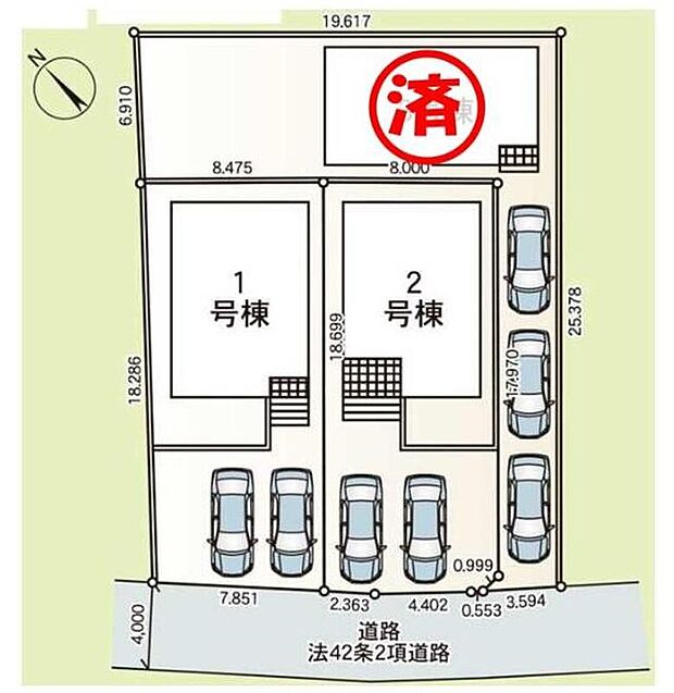 【全体区画図】車種により、カースペース２台分ございますので、家族分の自転車を駐輪したり、来客用の駐車スペースとしてもお使いいただけます♪