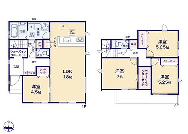 【4LDK】南向きの明るいLDKは家具を置いても余裕を感じる18帖！洋室を開放すればさらに大空間が広がります♪
水回りを集約し生活動線をシンプルに◎忙しい朝の身支度もスムーズ♪
全居室収納完備で収納力自慢の住まい♪