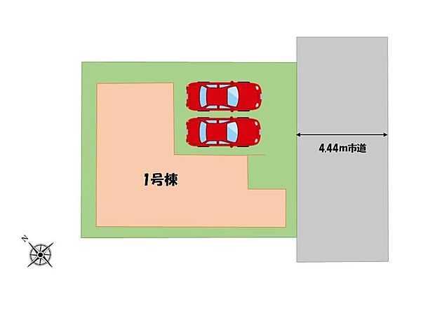 【全体区画図】◎前面道路は交通量少なめの4.4ｍ道路
◎カースペースは並列で2台可能♪家族分の自転車を駐輪したり、来客用の駐車スペースとしてもお使いいただけます♪