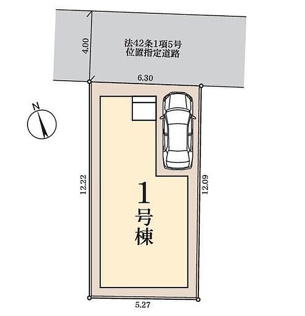 【全体区画図】交通量の少ない閑静な住宅街に立地。落ち着いた新生活が過ごせますね♪
カースペースは1台分。使わない場合は、来客用や駐輪場としても可♪