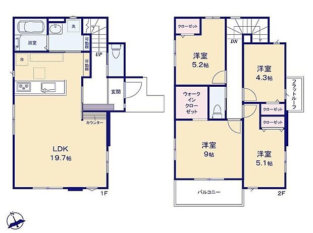 【4LDK】開放的でおしゃれな折り上げ天井のLDKは、広々19.7帖でカウンターを採用♪収納力豊富なウォークインクローゼットを設置♪食洗機、浴室乾燥暖房機を標準装備♪